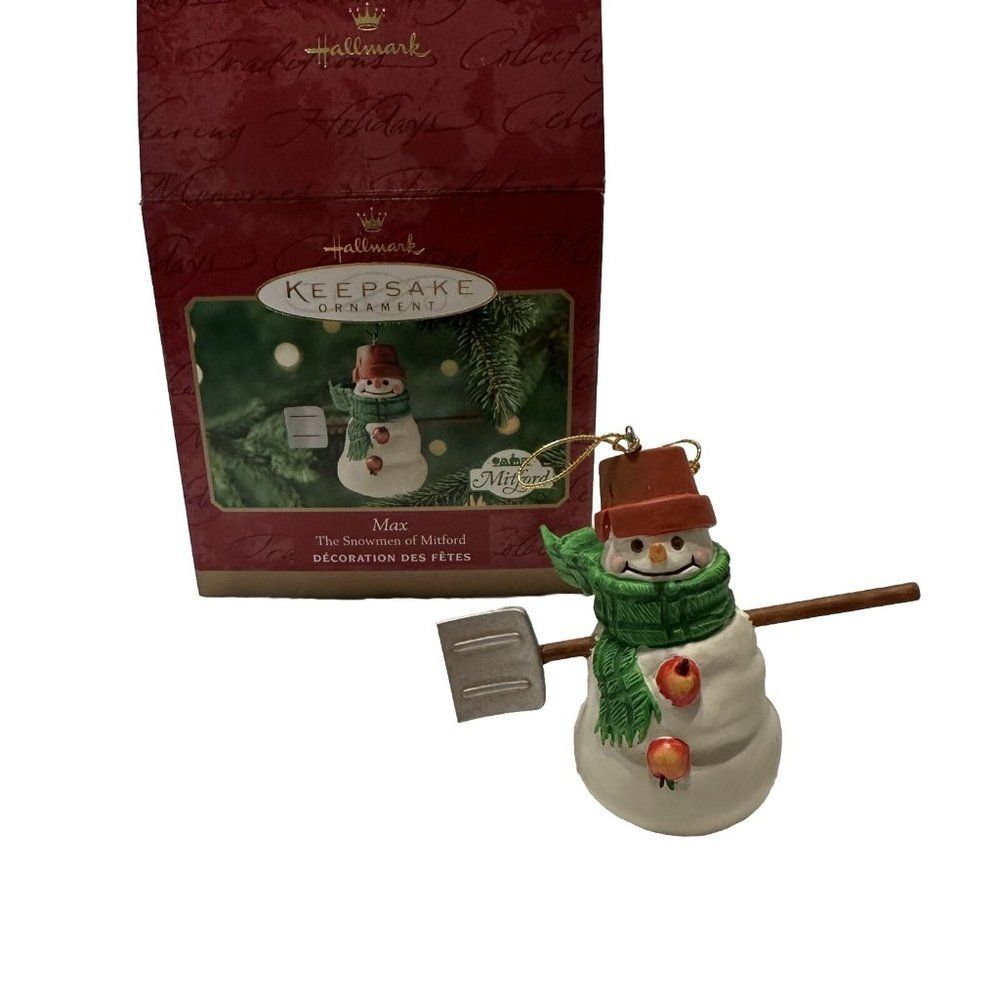 Vtg Hallmark Keepsake  Max The Snowmen of Mitford Christmas Tree Ornament Shovel